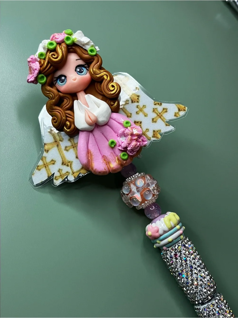 Handmade Clay Angel with Laminated Wings Rhinestone Beaded Pen